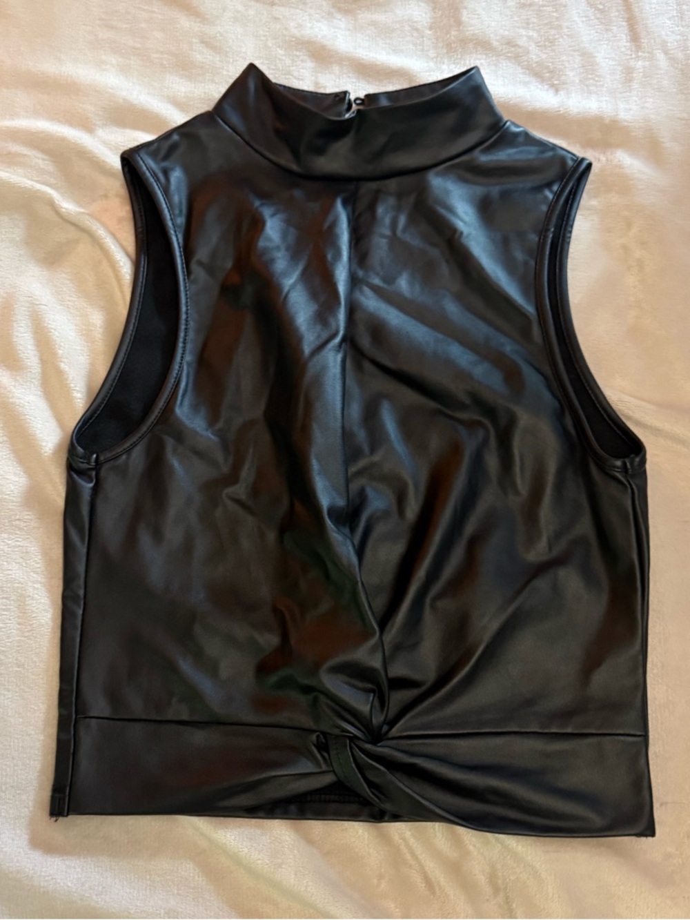 SHEIN Black Faux Leather Mock Neck Twist-Front Tank